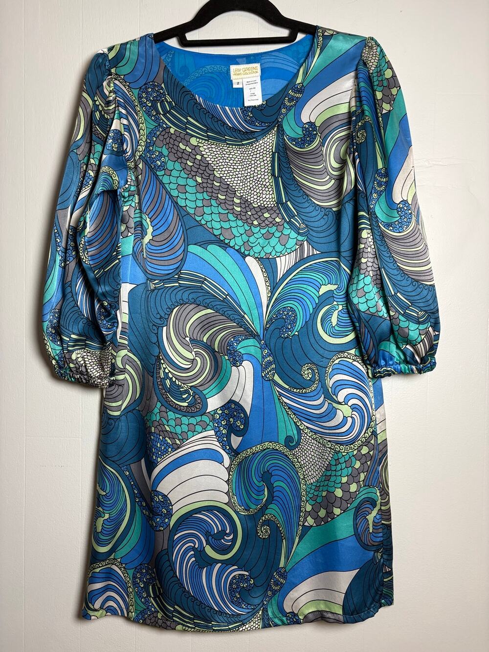 Lew Greene Private Collection Size 2 Silk Ocean Wave Balloon Sleeve Shift Dress